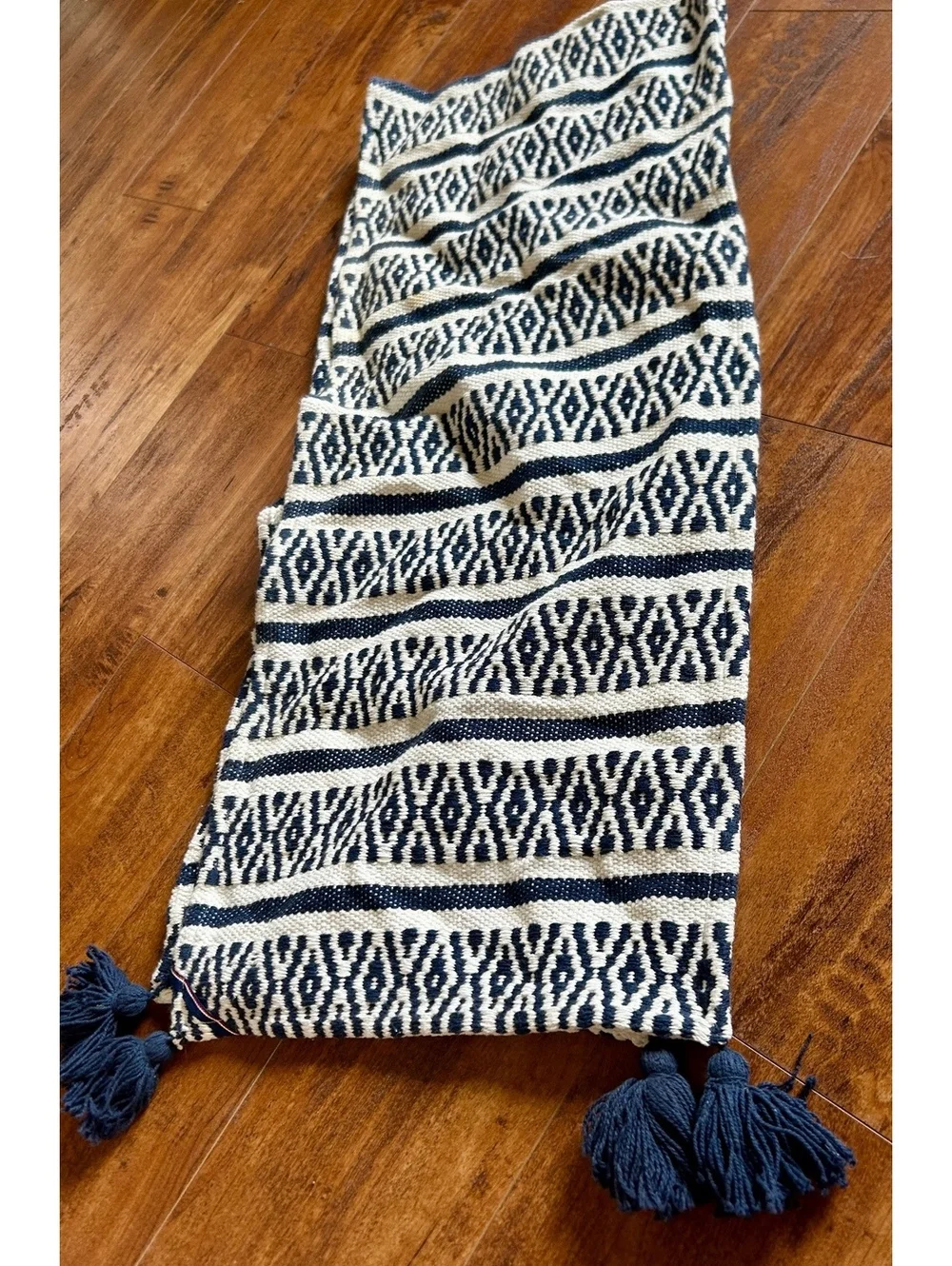 Handwoven Black and White Patterned Table Runner with Tassels